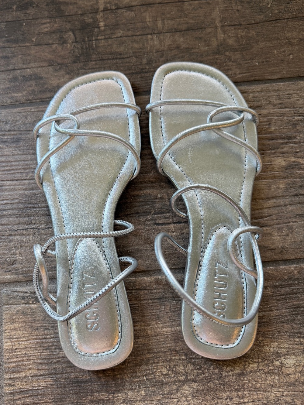 SCHUTZ Metallic Silver Strappy Sandals